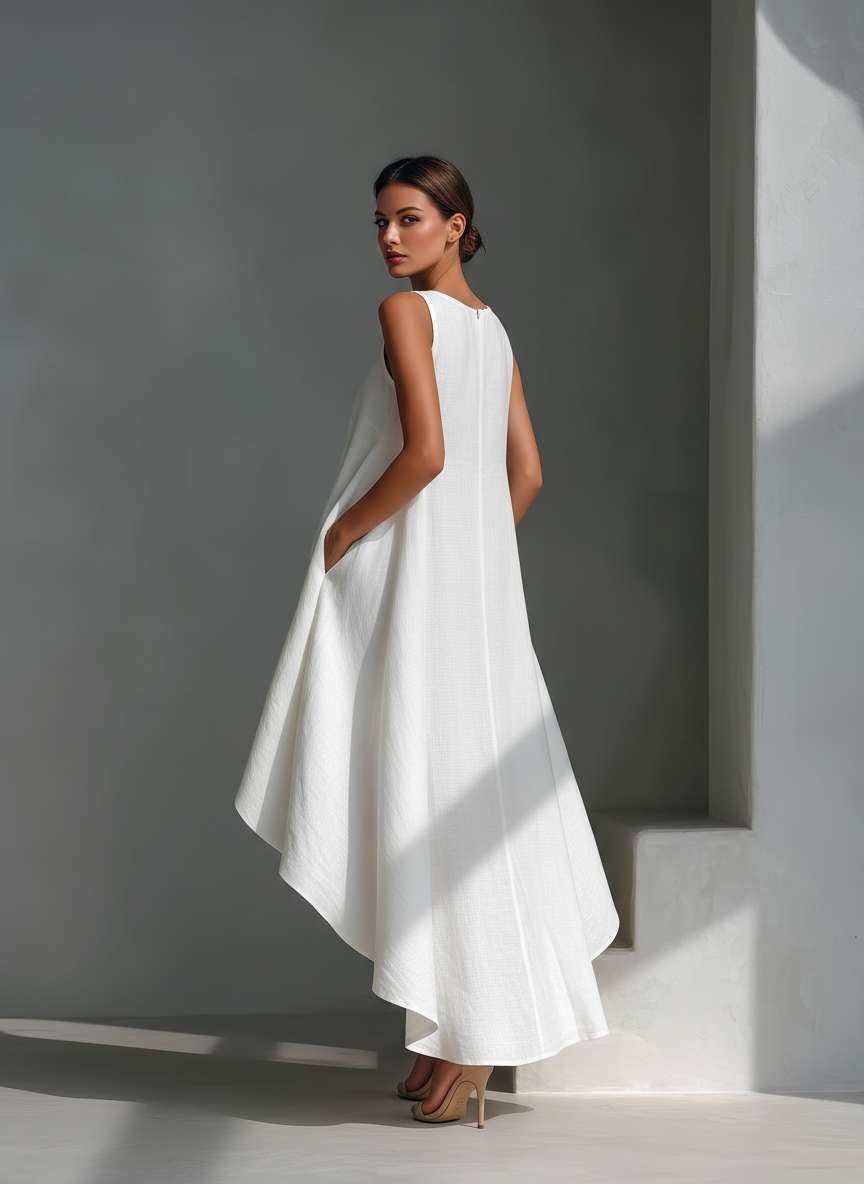 Effortless Linen Midi Dress for Women with Round Neck Style