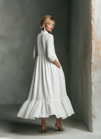 Effortless White Maxi Dress for Women with Stand Collar Style