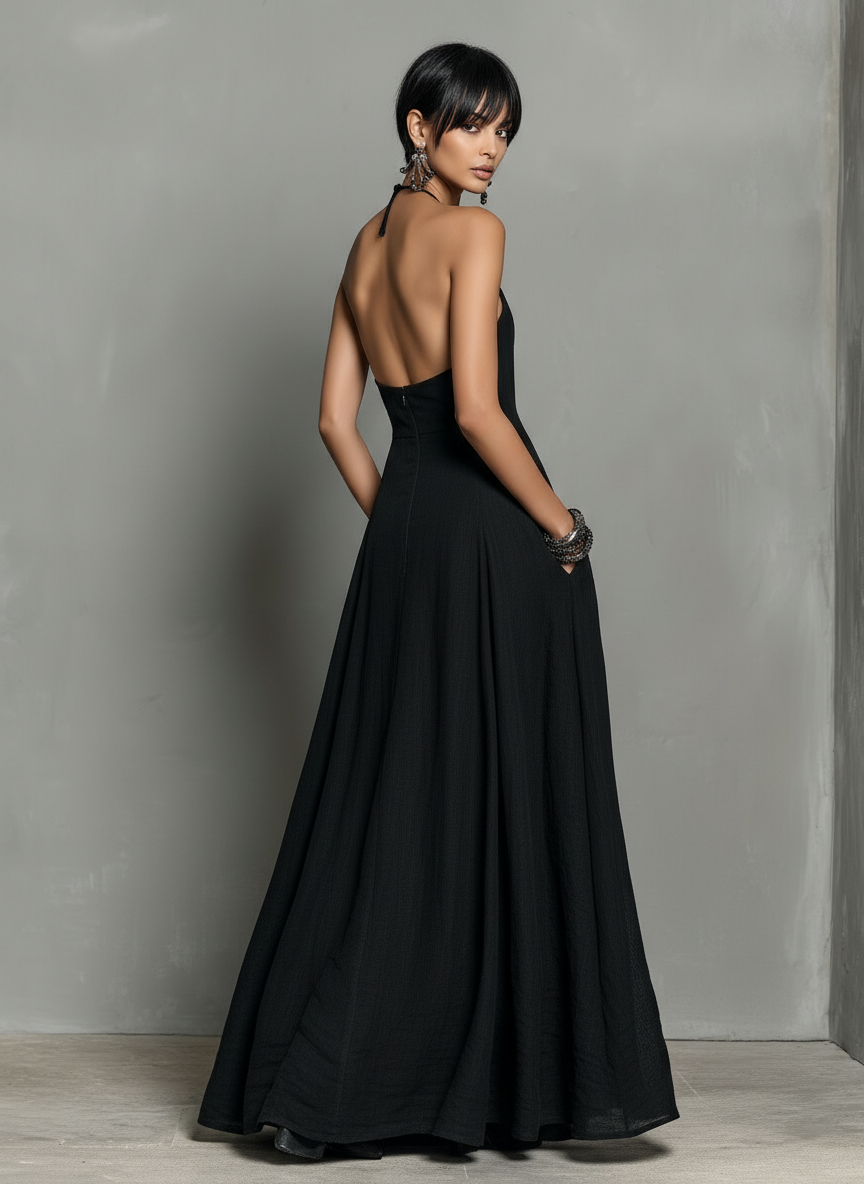 Elegant Black Maxi Dress for Women with Halter Neck Style