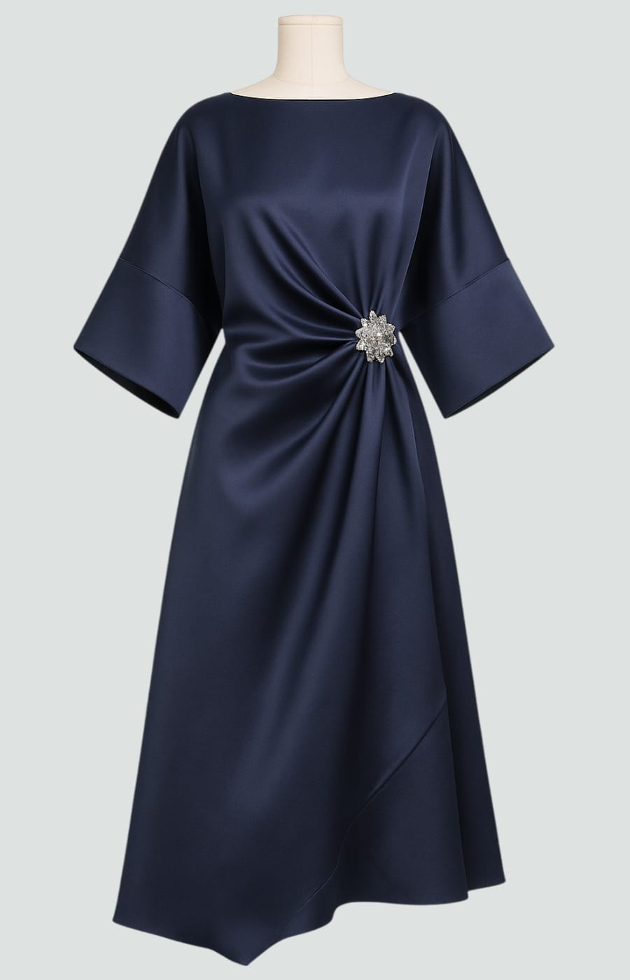 Elegant Satin Midi Dress for Women with Batwing Sleeve Formal Wedding Guest Style