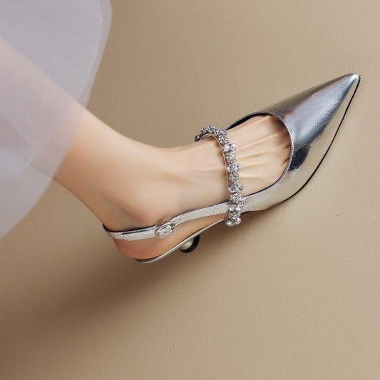 Elegant Wedding Shoes for Women with Rhinestone Strap Pointed Toe Kitten Heel Style