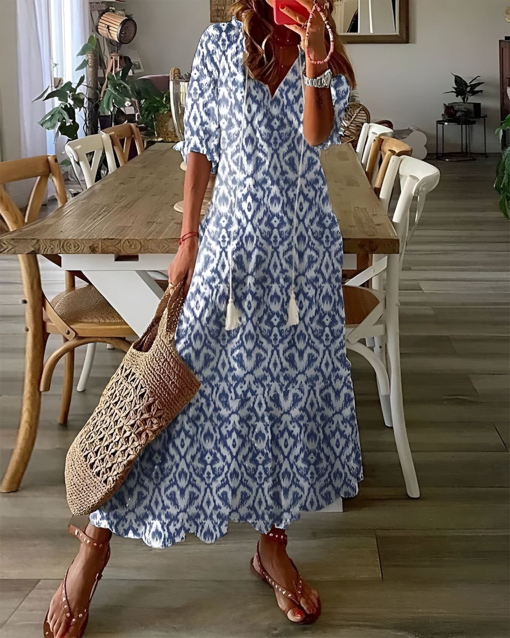 Printed Button Front Midi Dress