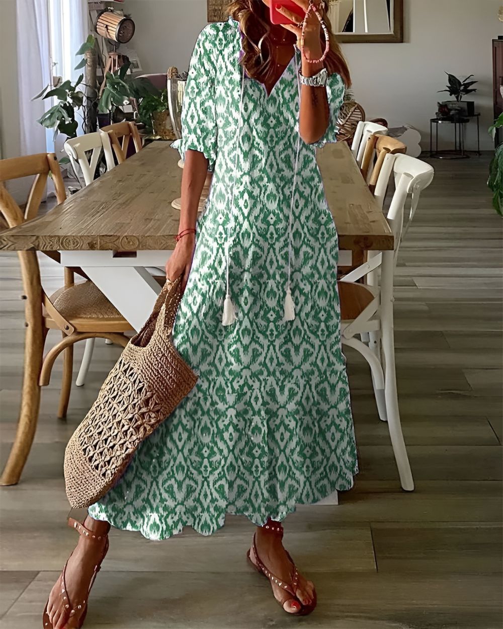 Printed Button Front Midi Dress