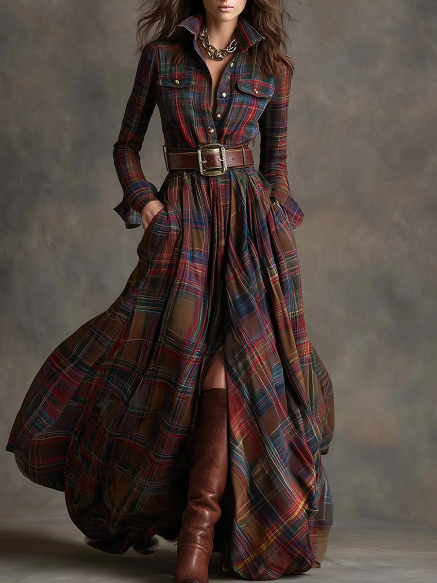 Effortless Plaid Maxi Shirt Dress for Women with Belted Style