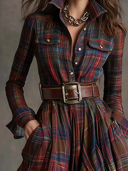 Effortless Plaid Maxi Shirt Dress for Women with Belted Style