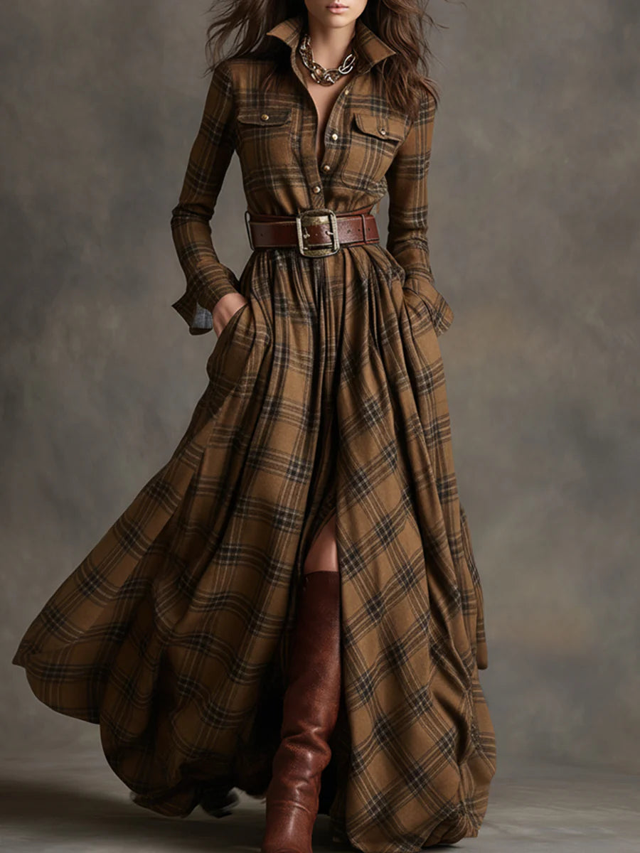 Effortless Plaid Maxi Shirt Dress for Women with Belted Style