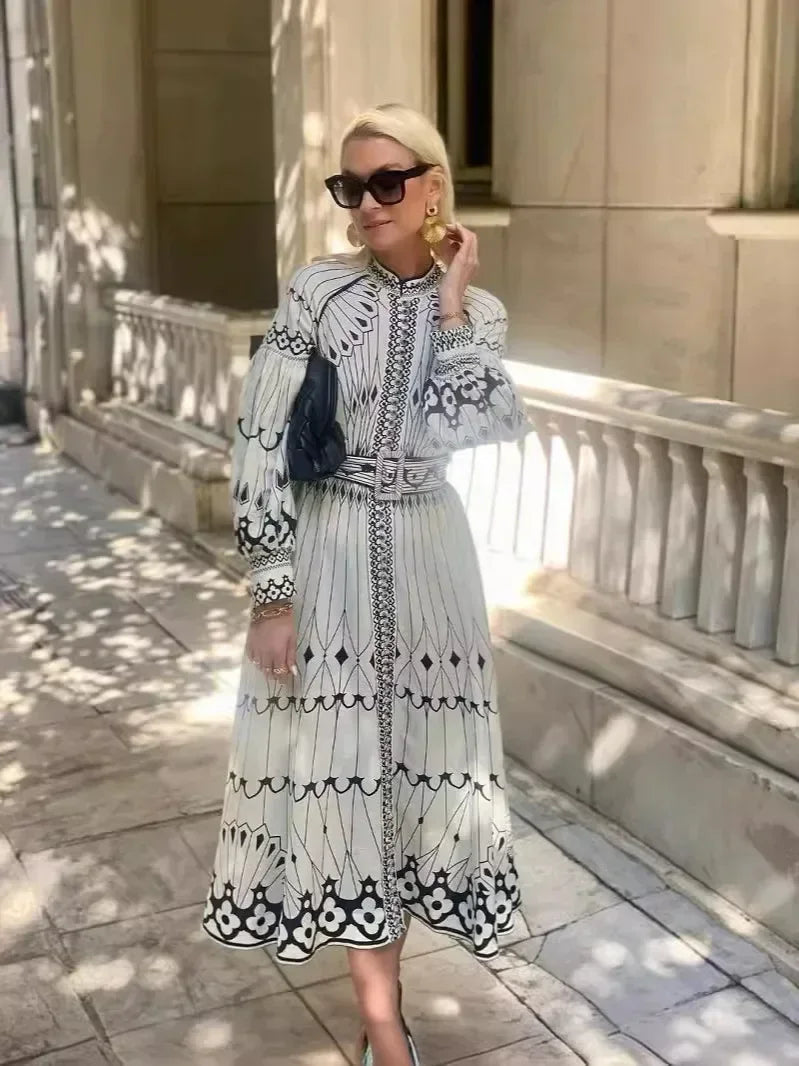 Elegant Beige Printed A Line Dress for Women with Stand Collar Style