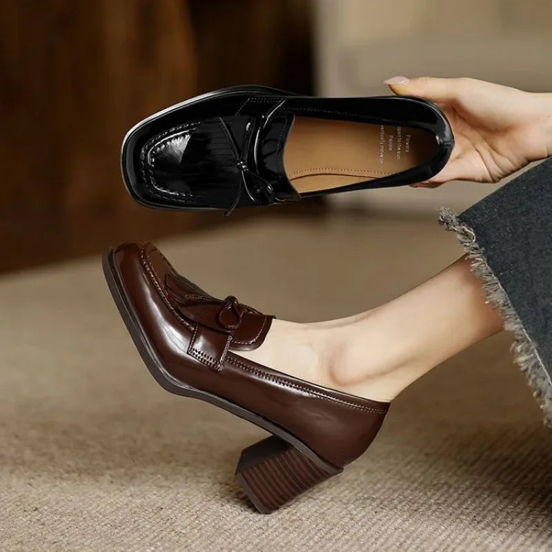 Elegant Tassel Loafer Pumps for Women with Block Heel Style