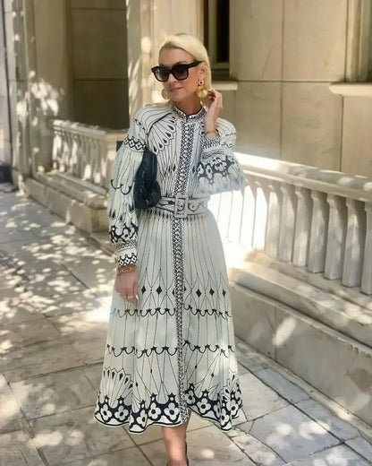 Elegant Beige Printed A Line Dress for Women with Stand Collar Style