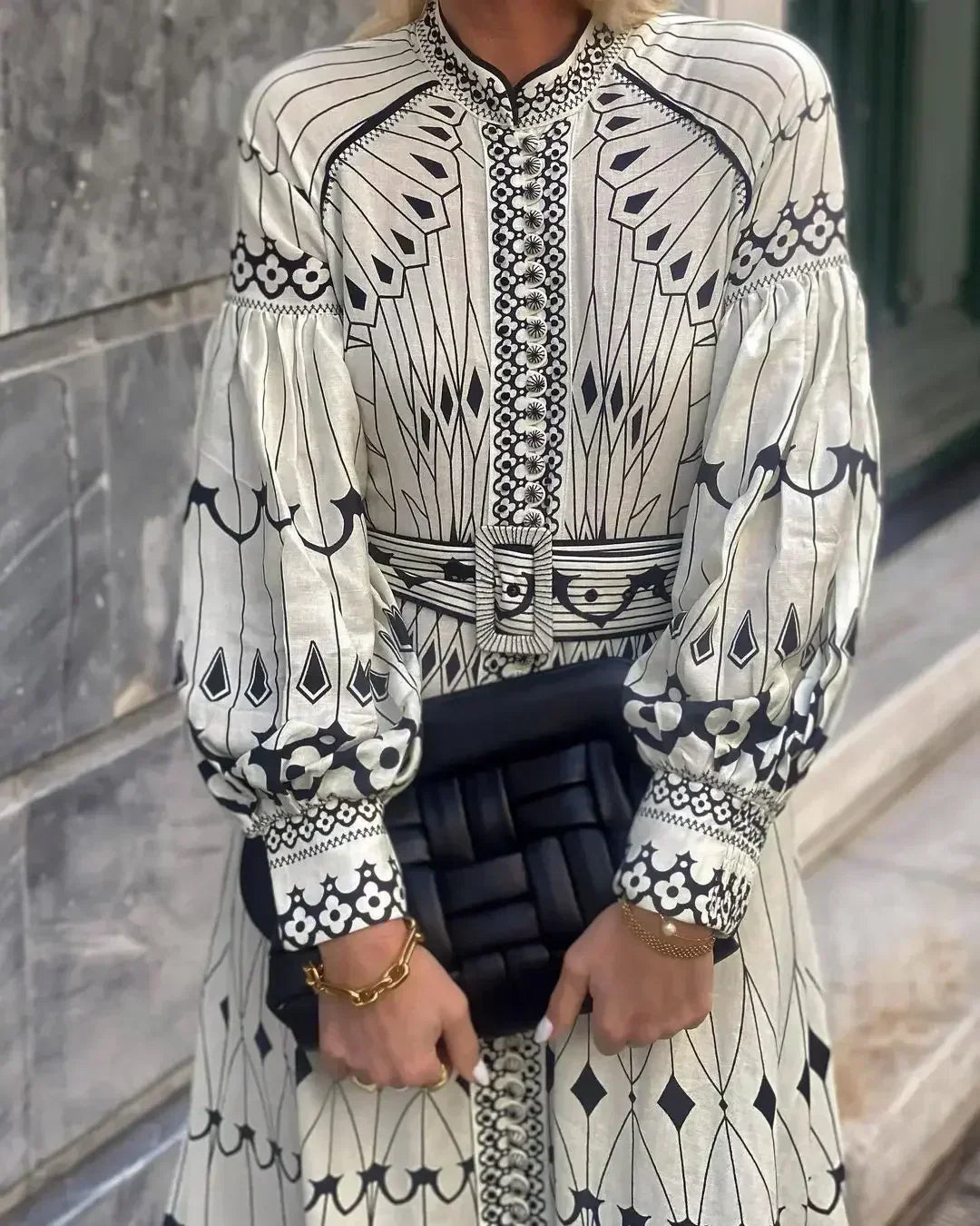 Elegant Beige Printed A Line Dress for Women with Stand Collar Style