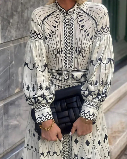 Elegant Beige Printed A Line Dress for Women with Stand Collar Style