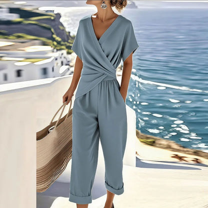 Effortless Wrap Jumpsuit for Women with V Neck Short Sleeve Tie Waist Wide Leg Flowing Style