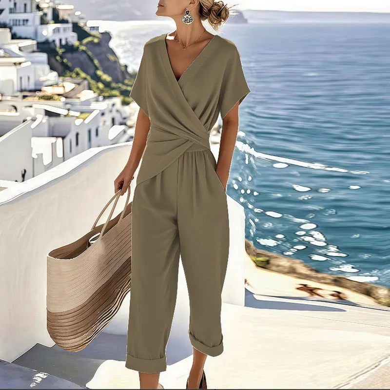 Effortless Wrap Jumpsuit for Women with V Neck Short Sleeve Tie Waist Wide Leg Flowing Style