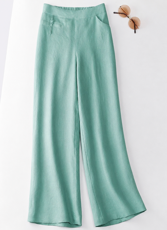 Effortless Linen Wide Leg Pants for Women with Half Elastic High Waist Button Front Pocket Casual Style