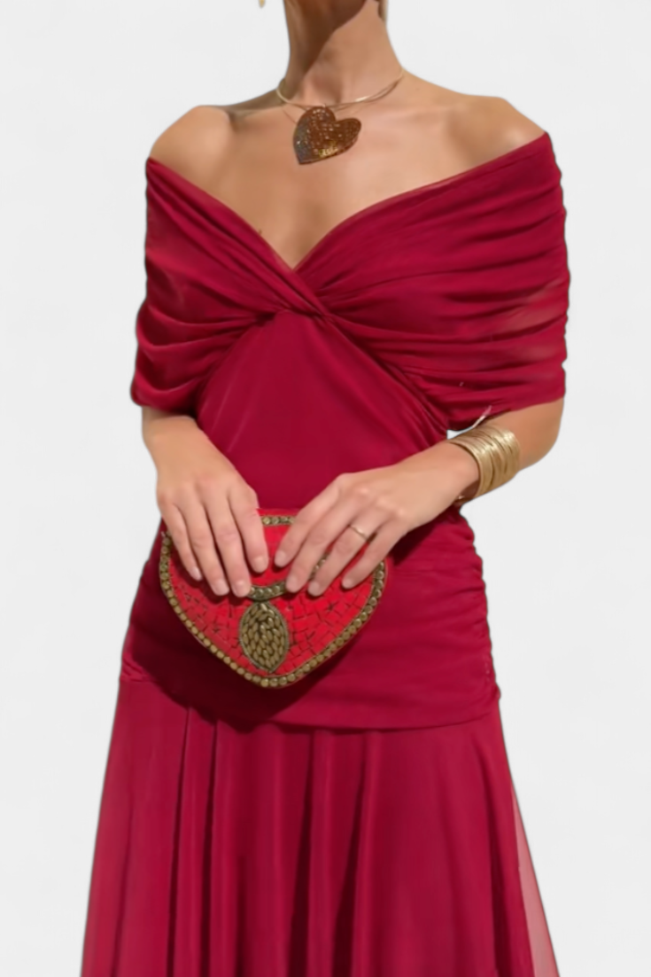 Elegant Red Chiffon Maxi Dress for Women with Off Shoulder Wedding Guest Dress Style