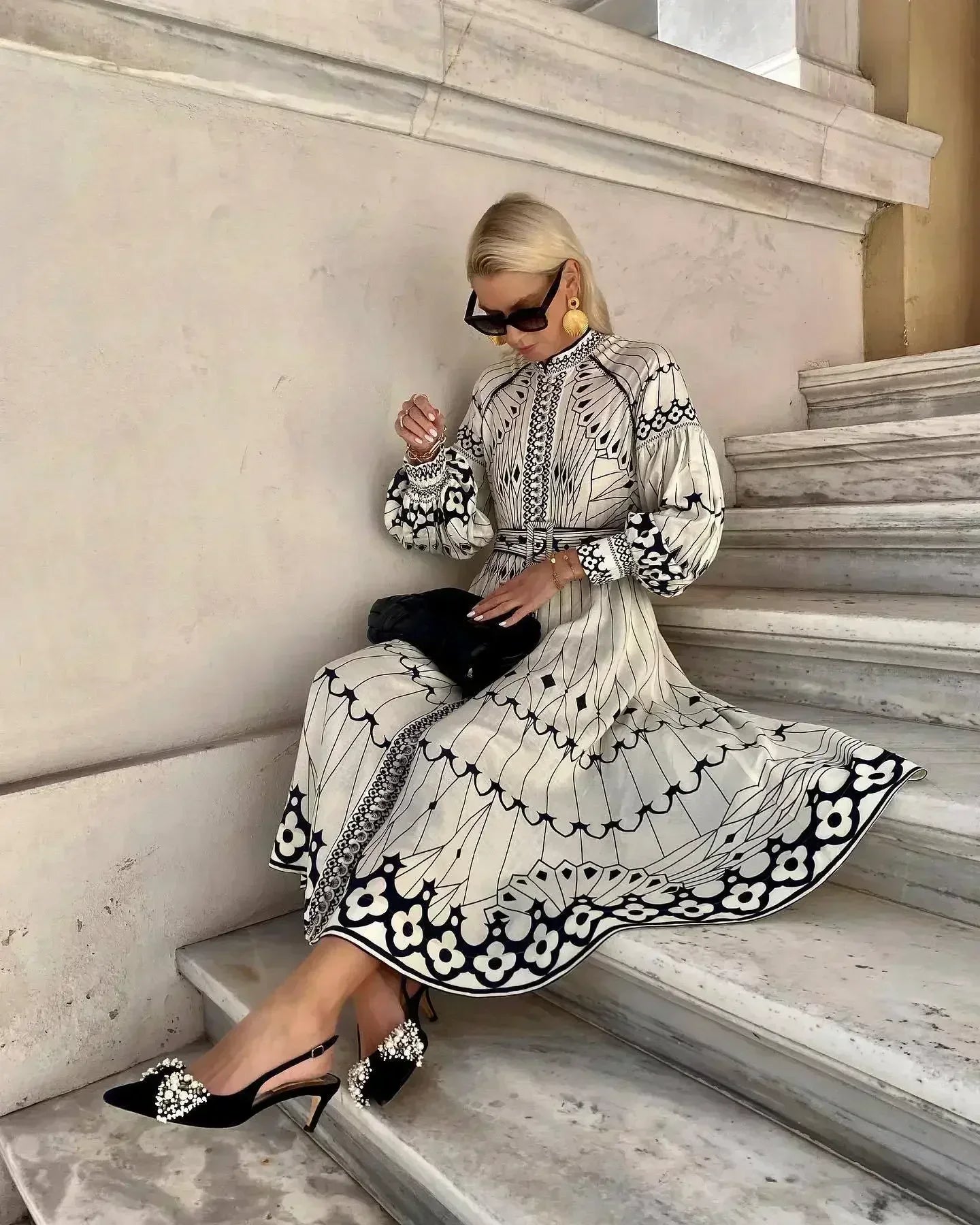 Elegant Beige Printed A Line Dress for Women with Stand Collar Style