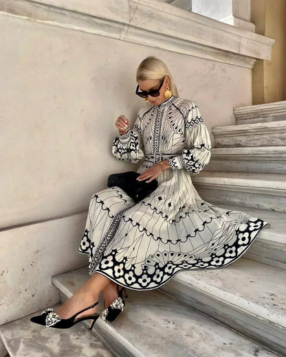 Elegant Beige Printed A Line Dress for Women with Stand Collar Style