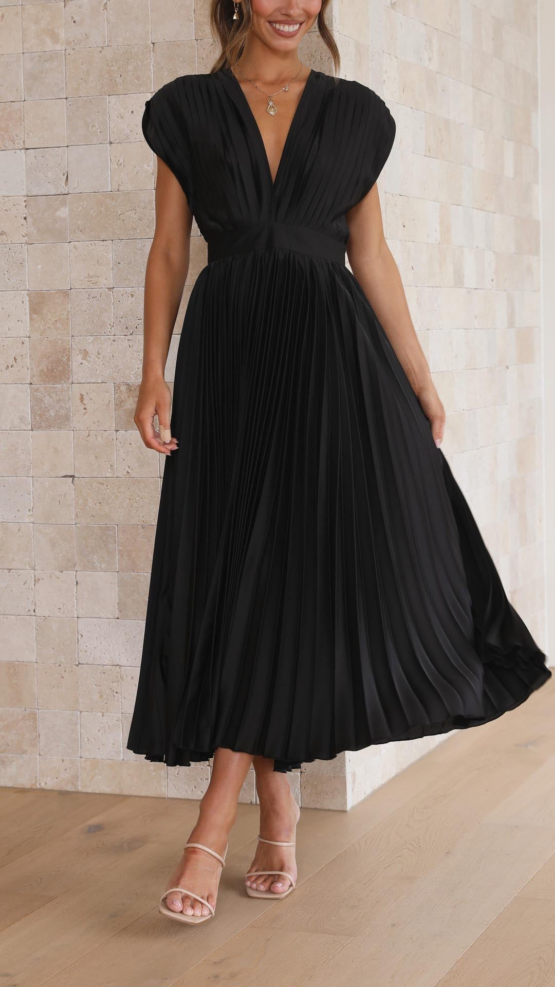Elegant Pleated Maxi Dress for Women with V Neck Formal Wedding Guest Style