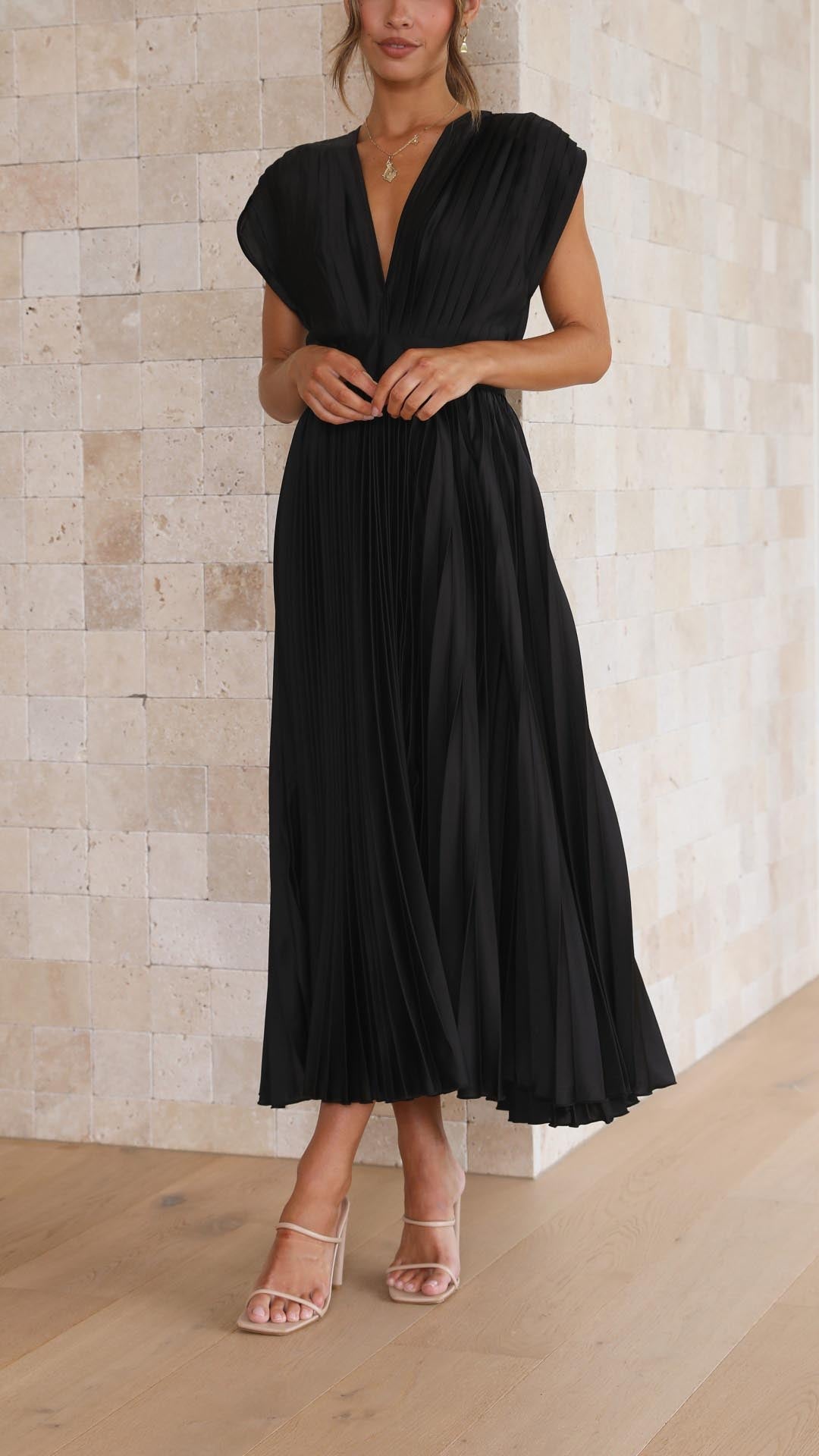 Elegant Pleated Maxi Dress for Women with V Neck Formal Wedding Guest Style