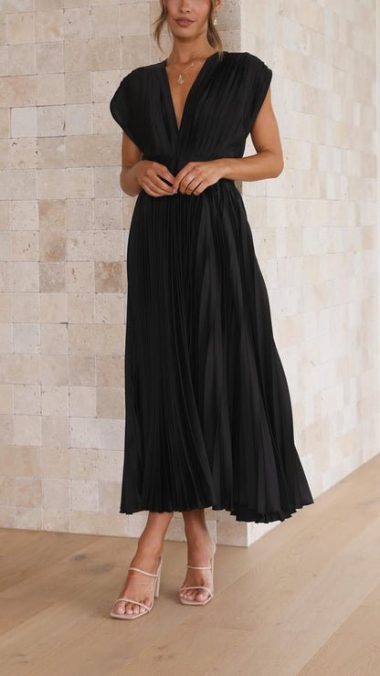 Elegant Pleated Maxi Dress for Women with V Neck Formal Wedding Guest Style