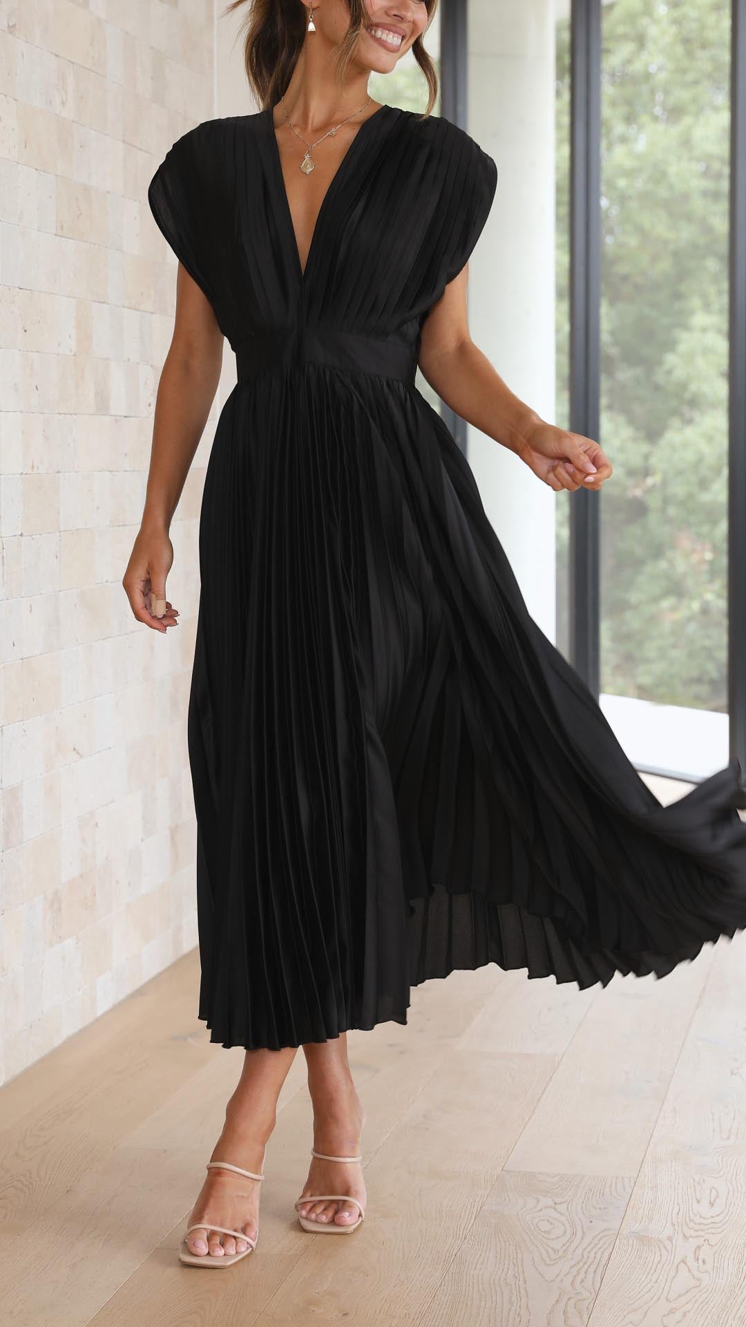 Elegant Pleated Maxi Dress for Women with V Neck Formal Wedding Guest Style