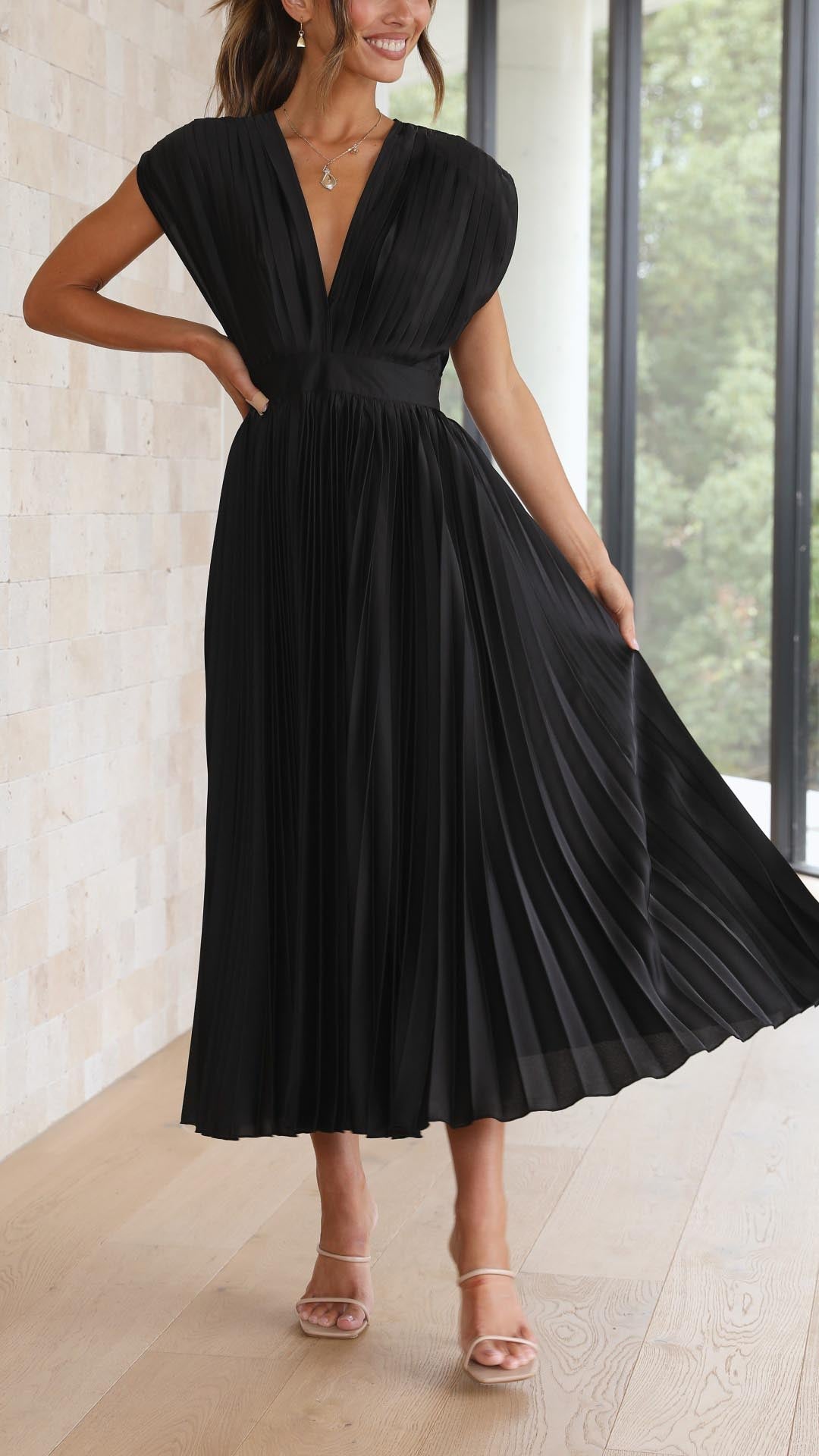 Elegant Pleated Maxi Dress for Women with V Neck Formal Wedding Guest Style