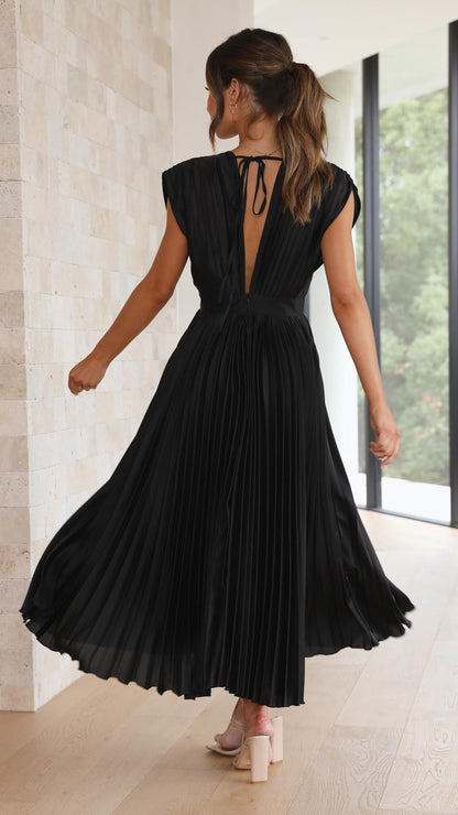 Elegant Pleated Maxi Dress for Women with V Neck Formal Wedding Guest Style
