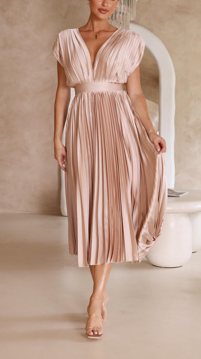 Elegant Pleated Maxi Dress for Women with V Neck Formal Wedding Guest Style