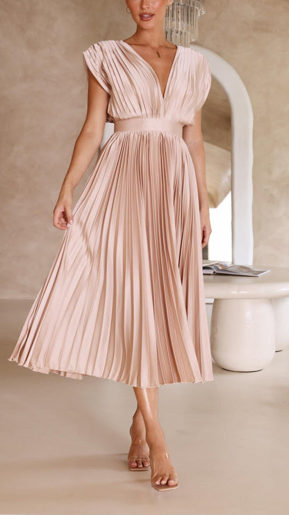 Elegant Pleated Maxi Dress for Women with V Neck Formal Wedding Guest Style