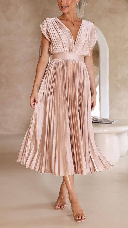 Elegant Pleated Maxi Dress for Women with V Neck Formal Wedding Guest Style