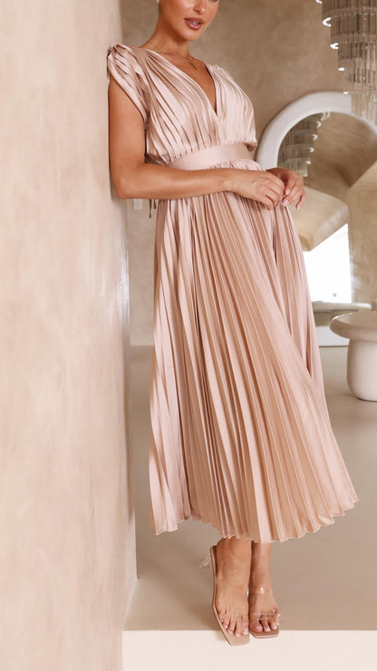 Elegant Pleated Maxi Dress for Women with V Neck Formal Wedding Guest Style
