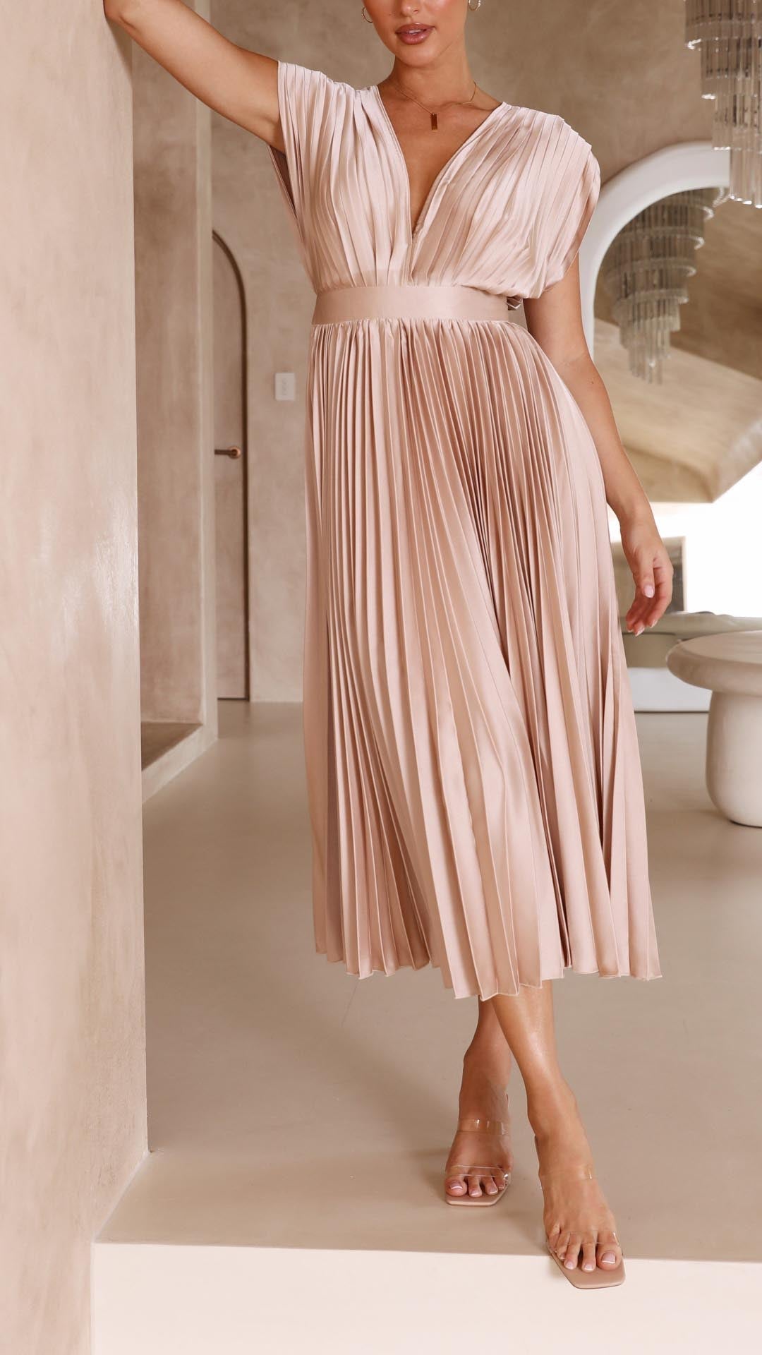 Elegant Pleated Maxi Dress for Women with V Neck Formal Wedding Guest Style
