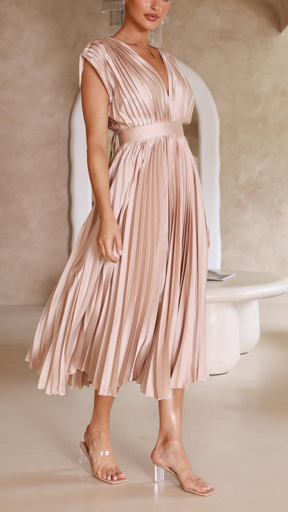 Elegant Pleated Maxi Dress for Women with V Neck Formal Wedding Guest Style