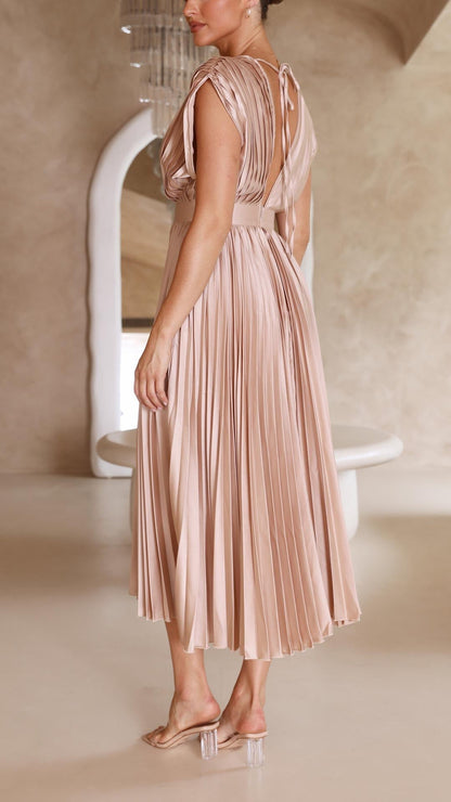 Elegant Pleated Maxi Dress for Women with V Neck Formal Wedding Guest Style