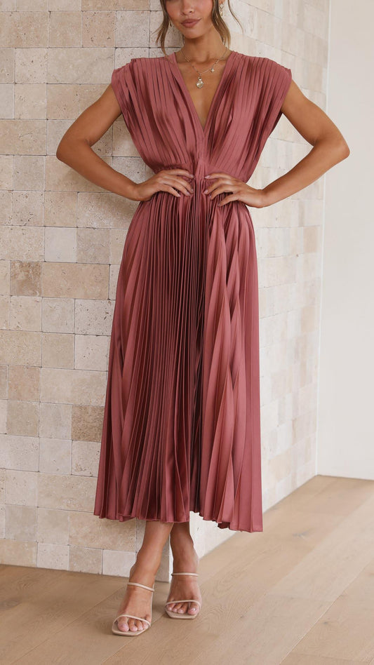 Elegant Pleated Maxi Dress for Women with V Neck Formal Wedding Guest Style