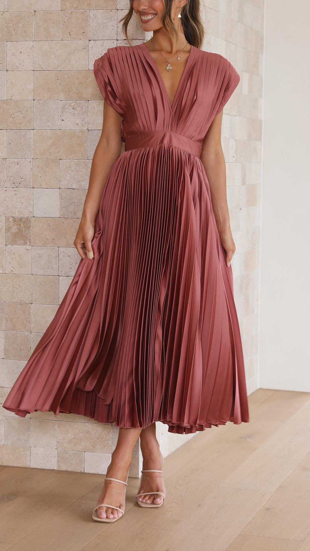 Elegant Pleated Maxi Dress for Women with V Neck Formal Wedding Guest Style