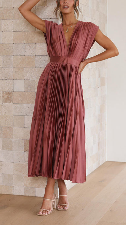 Elegant Pleated Maxi Dress for Women with V Neck Formal Wedding Guest Style