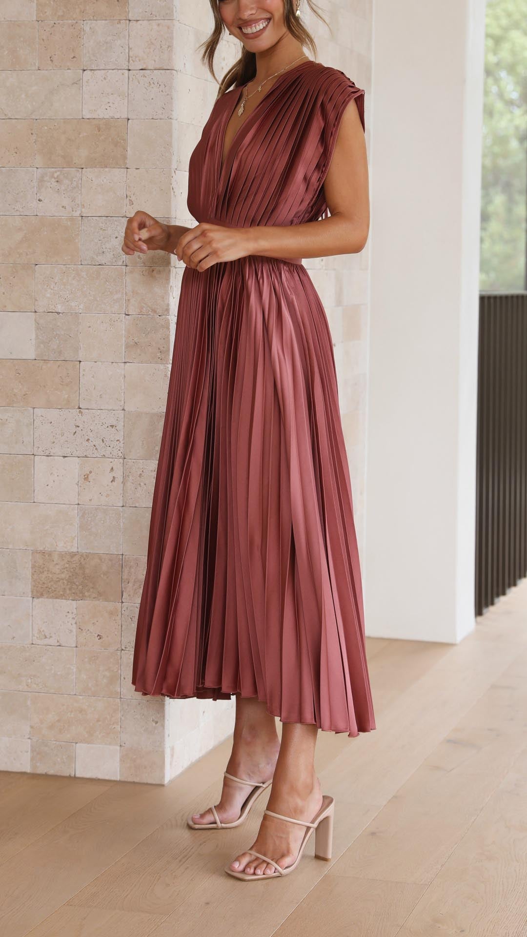 Elegant Pleated Maxi Dress for Women with V Neck Formal Wedding Guest Style