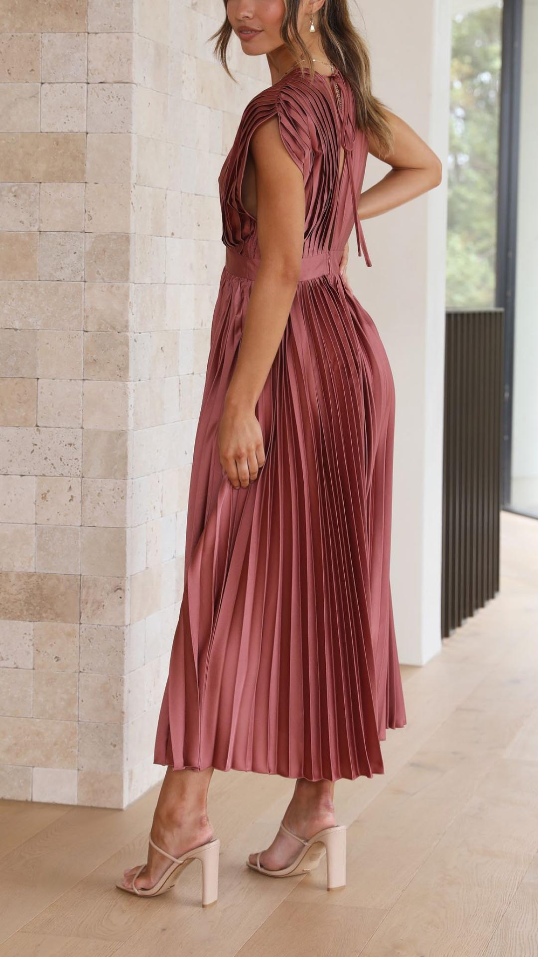 Elegant Pleated Maxi Dress for Women with V Neck Formal Wedding Guest Style