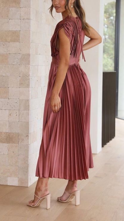 Elegant Pleated Maxi Dress for Women with V Neck Formal Wedding Guest Style