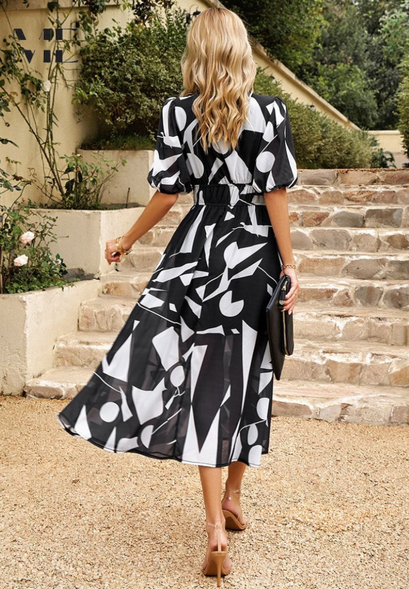 Elegant Floral Midi Dress for Women with V Neck Puff Sleeve Style