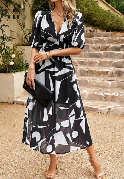 Elegant Floral Midi Dress for Women with V Neck Puff Sleeve Style
