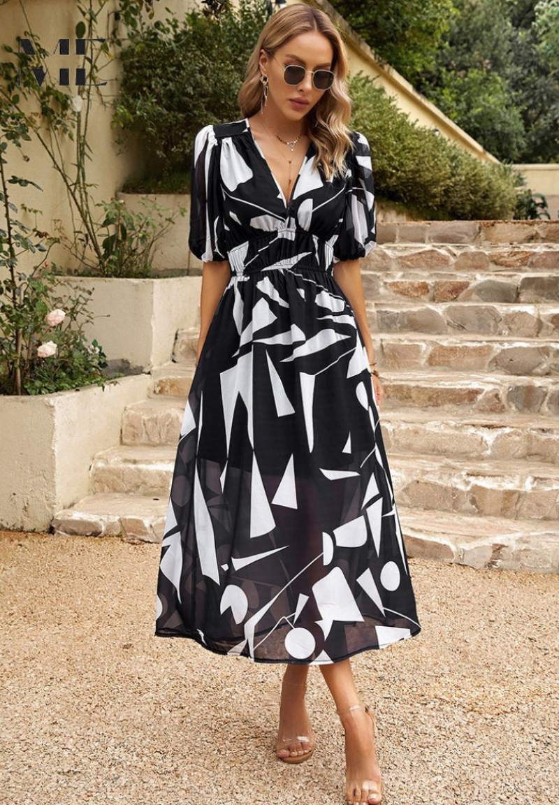 Elegant Floral Midi Dress for Women with V Neck Puff Sleeve Style