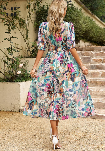 Elegant Floral Midi Dress for Women with V Neck Puff Sleeve Style
