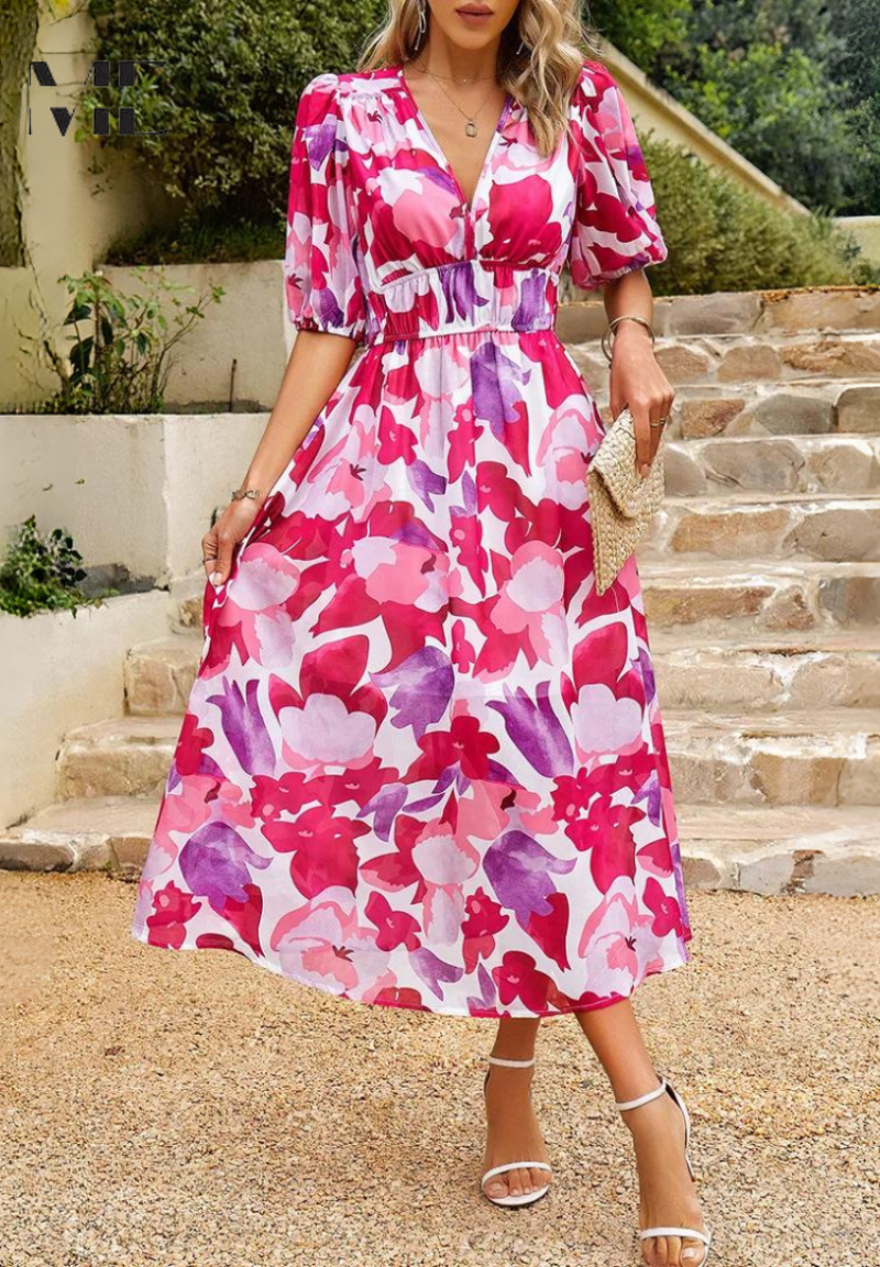 Elegant Floral Midi Dress for Women with V Neck Puff Sleeve Style