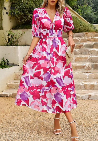 Elegant Floral Midi Dress for Women with V Neck Puff Sleeve Style