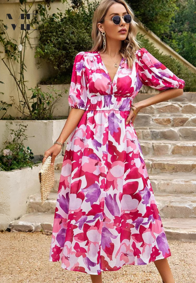 Elegant Floral Midi Dress for Women with V Neck Puff Sleeve Style