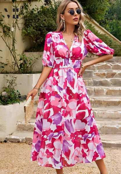 Elegant Floral Midi Dress for Women with V Neck Puff Sleeve Style