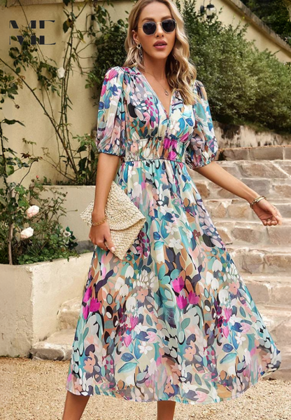 Elegant Floral Midi Dress for Women with V Neck Puff Sleeve Style