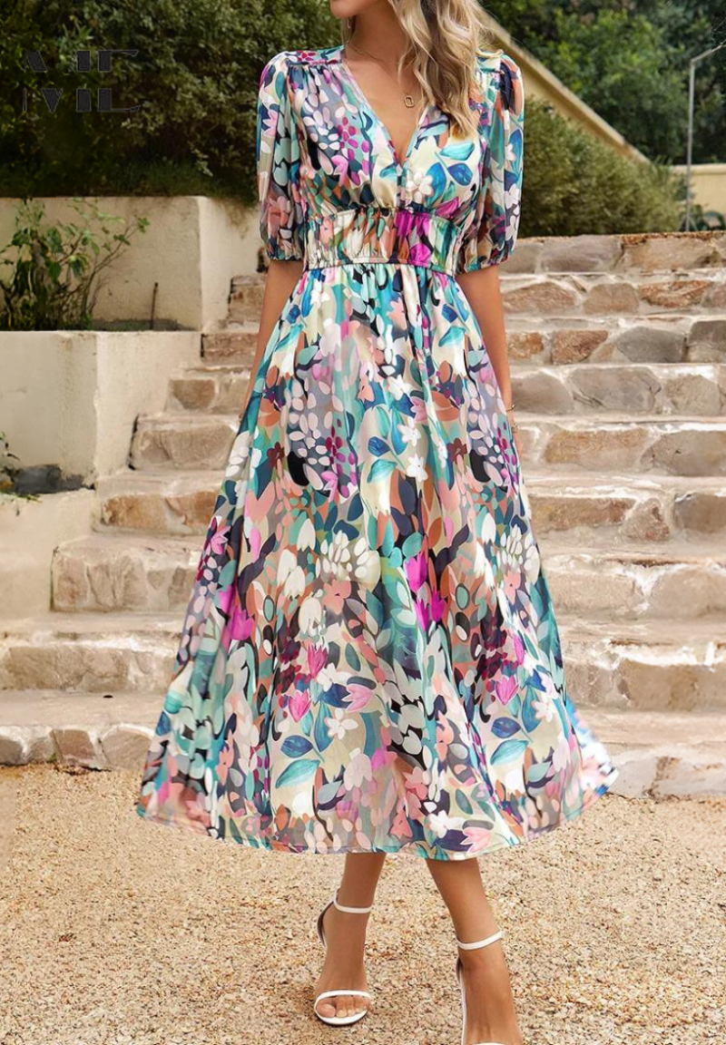 Elegant Floral Midi Dress for Women with V Neck Puff Sleeve Style